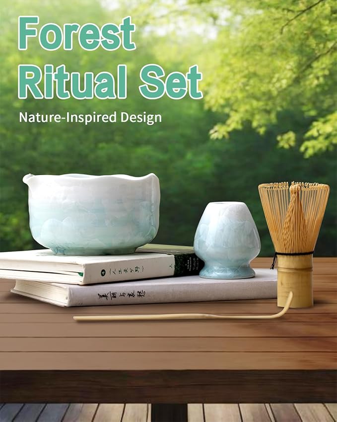 Natural Crystal Flower Matcha Set - 4 Pcs Food Grade Matcha Kit with Spouted Bowl, Matcha Whisk, Scoop and Chasen Holder - Matcha Tea Ceremony Gift for Matcha Lovers (Pine Shadow)
