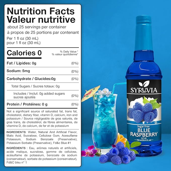 Syruvia Sugar-Free Blue Raspberry Syrup, Flavored Syrup for Drinks, Cocktails, Lemonades, Iced Teas, and Desserts – 25.4 fl oz