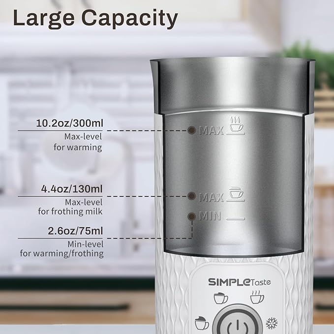 SIMPLETASTE Milk Frother, 4-in-1 Electric Milk Steamer, Automatic Warm and Cold Foam Maker and Milk Warmer for Latte, Cappuccinos, Macchiato