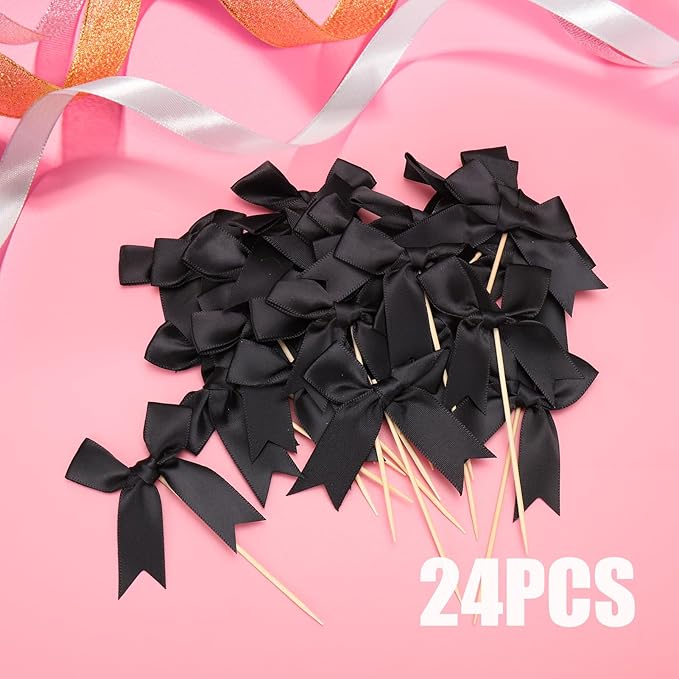 24Pcs Bow Cupcake Toppers - Black Bow Cake Topper Birthday Decorations, Bowknot Cupcake Picks for Coquette Bow Theme Party Decoration Bachelorette Bridal Engagement Wedding Baby Shower Party Decor