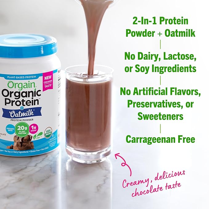 Orgain Organic Vegan Protein Powder + Oat Milk, Chocolate - 20g Plant Based Protein, Gluten Free, No Dairy, Soy or Lactose Ingredients, Low Sugar, Non-GMO, Kosher, For Shakes & Smoothies - 1.05lb