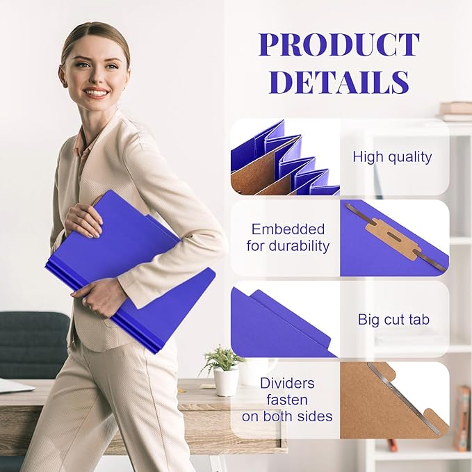 60 Pcs Classification Folders Letter Size, Back to School Supply for Teacher, Student, 3 Dividers Pressboard File Folder Bulk with 2 Fasteners, 3.5 Inch Expanding File Organizer (Purple)