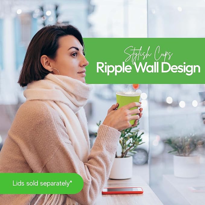 Restaurantware-12 Ounce Disposable Coffee Cups, 500 Ripple Wall Hot Cups For Coffee - Lids Sold Separately, Rolled Rim, Green Paper Insulated Coffee Cups, For Hot Coffee, Tea, And More