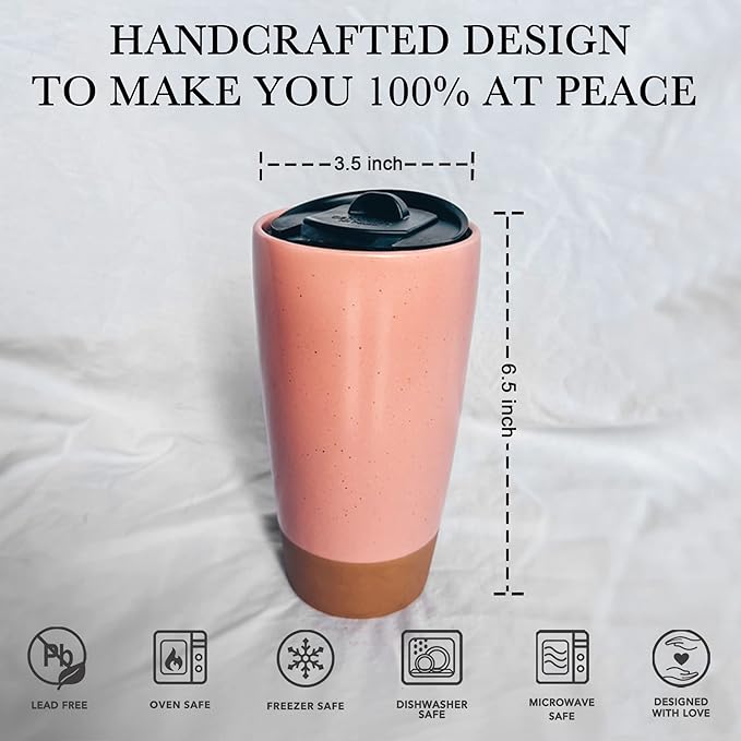 Mora Double Wall Ceramic Coffee Travel Mug with Lid, 14 oz, Portable, Microwave, Dishwasher Safe, Insulated Reusable Tall Cup, Splash Resistant Lid - To Go Tumbler for Car Cup Holder, Pink Salt