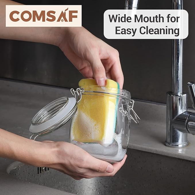 ComSaf 25oz Airtight Glass Canisters with Lids Set of 6, Round Food Storage Jar Container with Clamp Lids for Kitchen Canning Cereal Coffee Pasta Sugar Beans Spice, Clear Mason Jars with 12 Labels