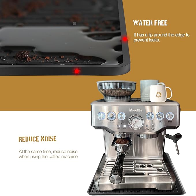 Silicone Coffee Mat for Breville 870/880, 13.78 x 13.78inch, 0.24in Raised Lip Spill-proof, Under Coffee Maker, Coffee Pot Bar Station for Countertop Kitchen, Black