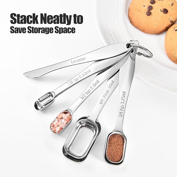 18/8 Stainless Steel Measuring Spoons: Doosu Heavy Duty Rectangular Spoon Square Teaspoon Tablespoon Scoop with Slim Long Handle in Narrow Spice Jar for Kitchen Baking Cooking (Set of 6 with Leveler)