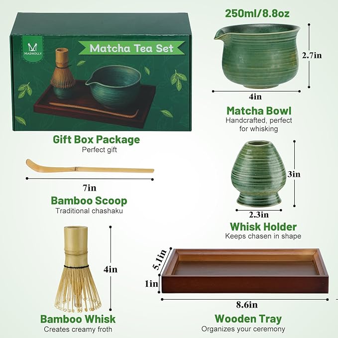 MADHOLLY Matcha Whisk Set with Tray - Matcha Bowl with Spout, Whisk and Holder, Bamboo Scoop, Japanese Matcha Kit Tea Ceremony Gift for Matcha Lovers