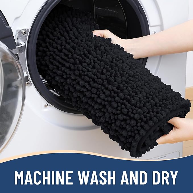 Arotive Luxury Chenille Bathroom Rug Mat, Extra Soft Thick Absorbent Shaggy Bath Rugs, Non-Slip Machine Wash Dry, Plush Bath Mats for Bathroom, Shower and Tub, 47x24, Black