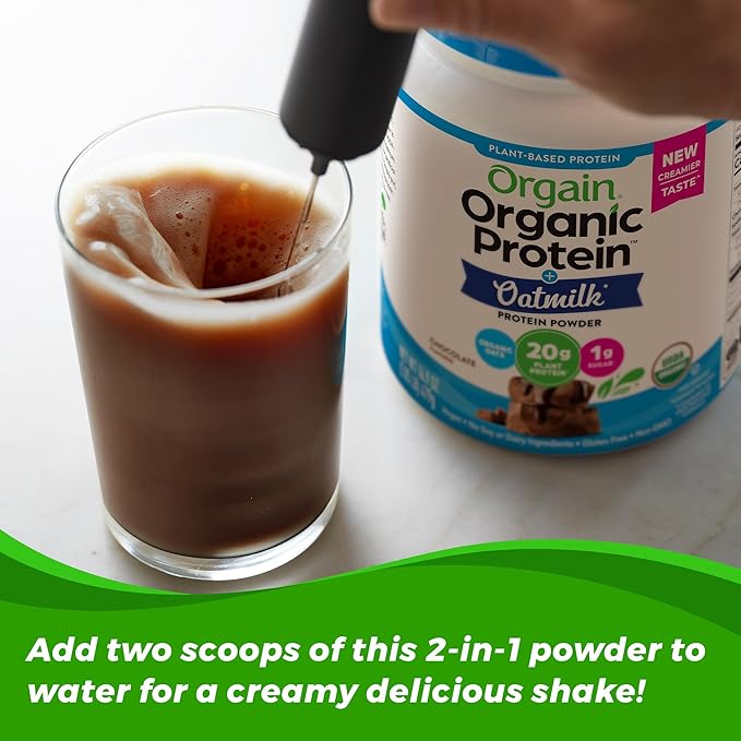 Orgain Organic Vegan Protein Powder + Oat Milk, Chocolate - 20g Plant Based Protein, Gluten Free, No Dairy, Soy or Lactose Ingredients, Low Sugar, Non-GMO, Kosher, For Shakes & Smoothies - 1.05lb