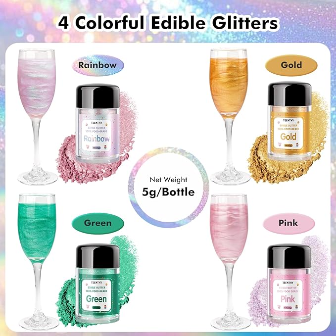 Edible Glitter - 4 Colors Luster Dust Edible, 100% Food Grade Edible Glitter for Drinks, Cakes, Easter Eggs, and Cookie Decoration, Vegan-Friendly Edible Luster Dust（0.18oz/5g）