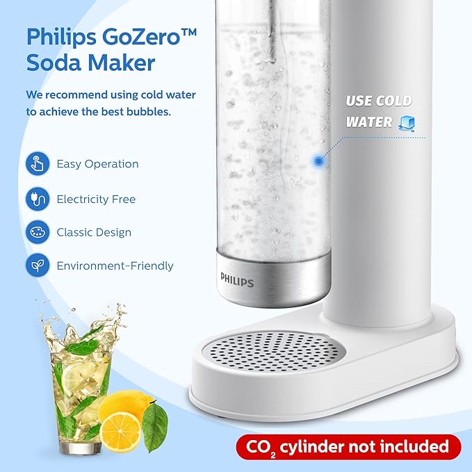 Philips ADD4902WHO/37 Stainless Sparkling Water Maker Soda Maker Machine for Home Carbonating with BPA free PET 1L Carbonating Bottle, Compatible with 60L CO2 Exchange Carbonator(NOT Included), White