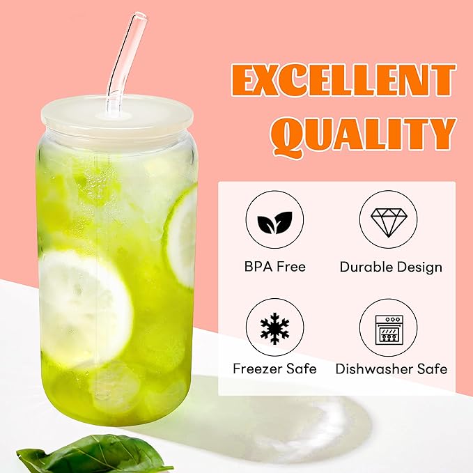 Joyclub 4pcs Glass Cups with Acrylic Lids and Straws 16 oz Can Shaped Glass Iced Coffee Cups with Lids and Straws, Cute Tumbler Cup Drinking Glasses for Smoothie Whiskey Boba Soda Tea Gift