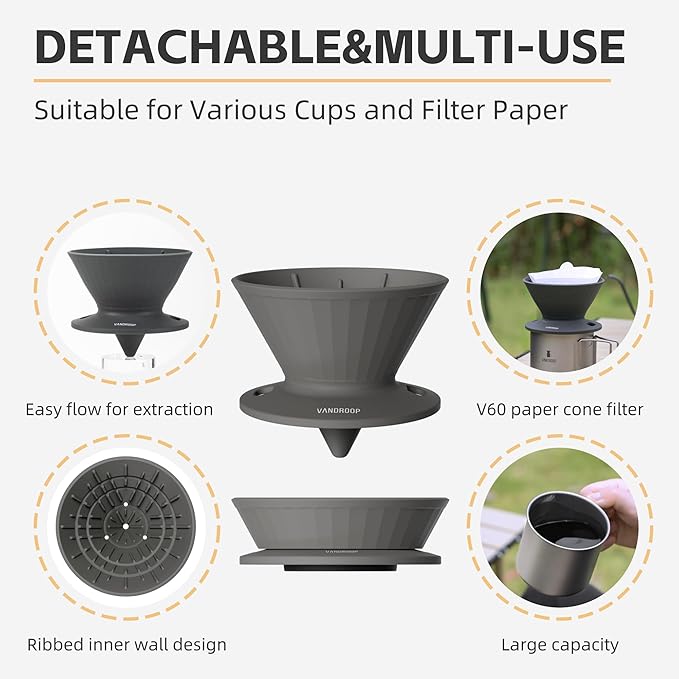 Collapsible Pour Over Coffee Dripper, Reusable Silicone Pour Over Coffee Maker for Camping, Travel&Home, Portable Single Clever Coffee Dripper with 10 V60 Filter Papers #02(Grey, 2-3 Cup)