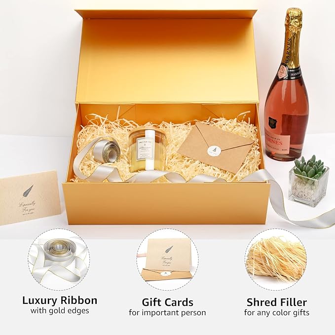 LIFELUM Gift Boxes with Lids,2 Pack 13.85 x 8.35 x 4.45 inch Gold Gift Boxes with Magnetic Lid and Ribbon, Card, Shredded Paper Filler Empty Gift Box for Christmas,Valentine's day,Birthdays