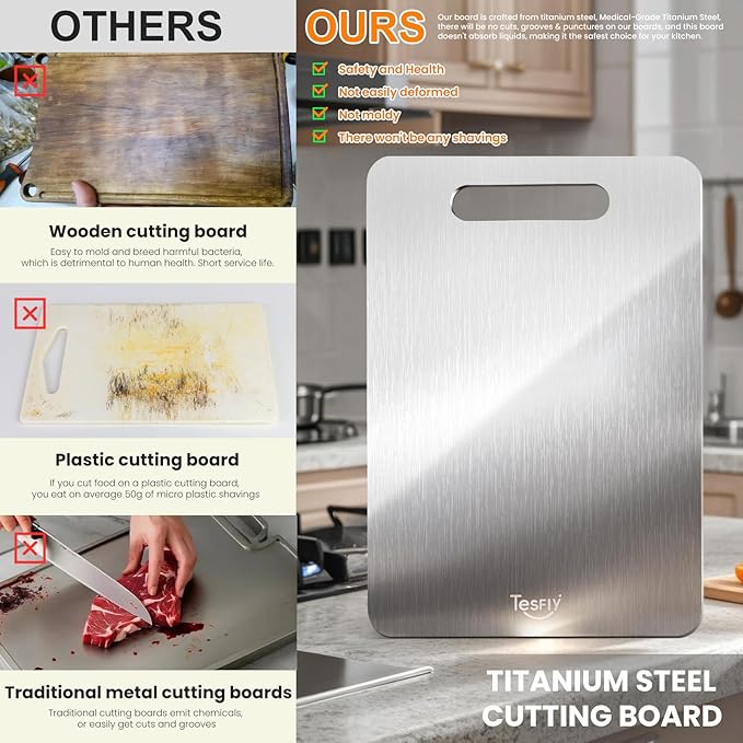 2 Pack Titanium Cutting Board - 100% Pure Titanium Cutting Boards For Kitche,Easy to clean, Double-sided food-grade Cutting Board For Meats, Fruits And Vegetables (M+L)