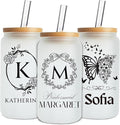 Mason Life Personalized Glass Cup with Name-Can Shaped Glass with Lids and Straws-18OZ Iced Coffee Cups (Initial)
