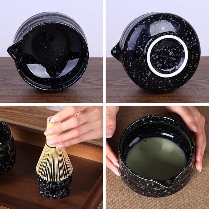 Japanese Ceramic Matcha Bowl - 16oz Speckle Glaze Chawan & Whisk Stand for Perfect Froth, Dishwasher Safe Black