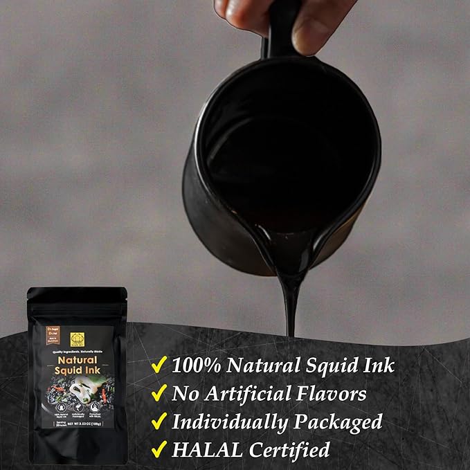 (5g x 20 Pack) Black Hut Squid Ink, Food Coloring Tinta Calamari for Rice Noodles Pasta Spaghetti Risotto, Cuttlefish Ink for Baking mix, Halal Certificate, Contains Molluscs, 3.53 oz / 100 g