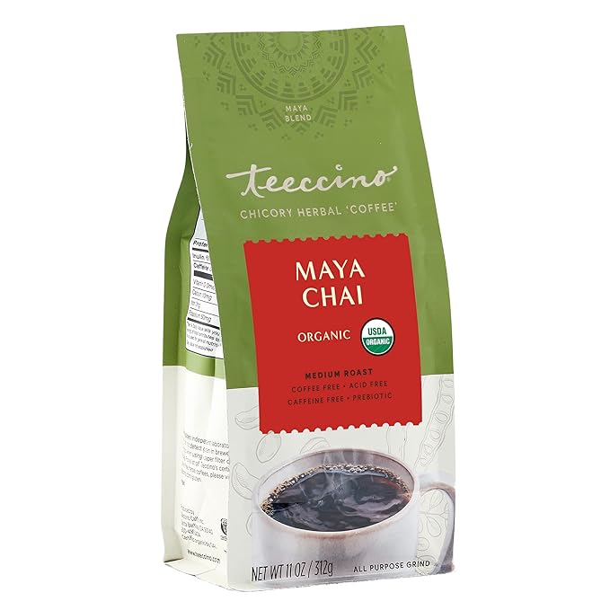 Teeccino Maya Chai Chicory Coffee Alternative - Ground Herbal Coffee That’s Prebiotic, Caffeine-Free & Acid Free, Medium Roast, 11 Ounce (Pack of 3)