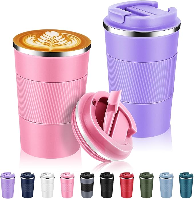 Volhoply 13 oz Stainless Steel Insulated Travel Coffee Mug with Fip Lid Bulk 2 Pack,Reusable Double Wall Vacuum Metal Coffee Cup,Portable Leak Proof Thermal Tumbler for Hot & Cold Drinks(Mix,2)