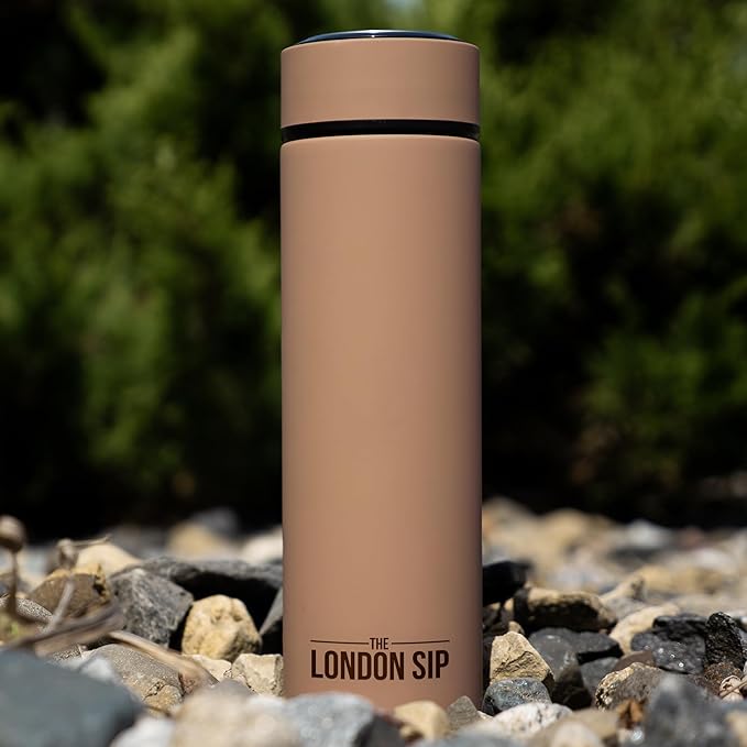 London Sip 16.9 oz Multi-Purpose Tea Infuser Mug – Fruit Infuser Water Bottle for Hot and Cold – Double Wall Stainless Steel Insulated, Mocha Brown