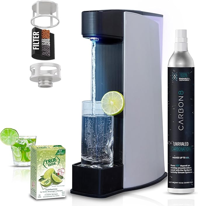 Carbon8 Sparkling Water Maker Machine, Home Soda Stream Machine, Screw-In CO2 Carbonator, Countertop Water Mineralizer, Seltzer Soda Maker Dispenser, CO2 Cylinder Included, Aluminum