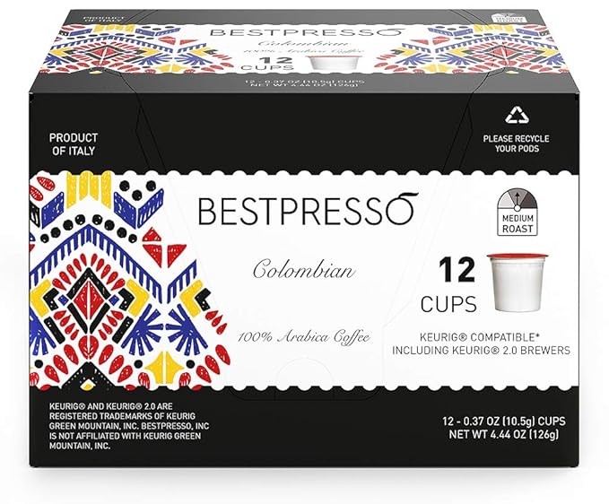 Bestpresso Coffee, Colombian Medium Roast Single Serve K-Cup Pods, 96 Count (Compatible With 2.0 Keurig Brewers) 8 Packs Of 12 Cups