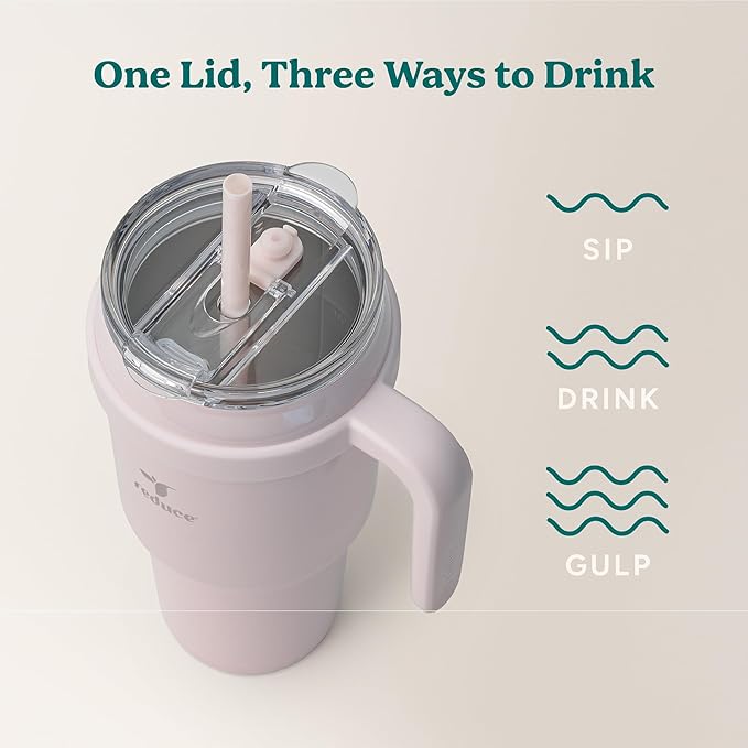 REDUCE Cold1 40 oz Tumbler with Handle - Vacuum Insulated Stainless Steel Water Bottle for Home, Office or Car, Reusable Mug with Straw or Leakproof Flip Lid, Keeps Drinks Cold All Day- Gloss Cotton