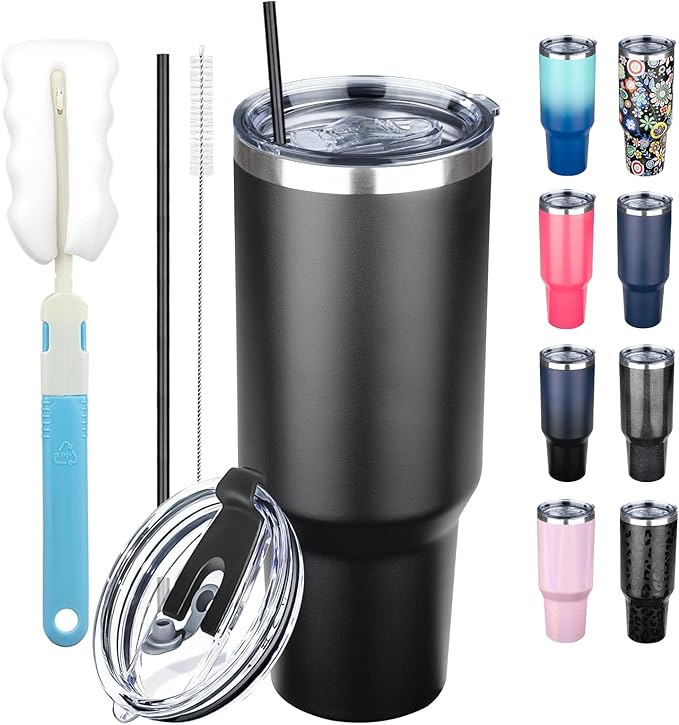40 oz Tumbler with Lids and Straws, Stainless Steel Insulated Coffee Tumbler, Double Wall Vacuum Insulated Travel Mug Cup, Leakproof Thermal Coffee Cup for Hot and Cold Drinks (Black)