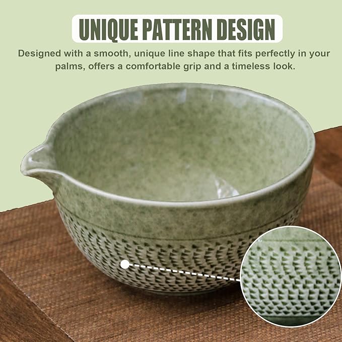 Ceramic Japanese Style Matcha Bowl Whisk Holder Temperature Resistant Braid Textured Matcha Tea Bowl Set With Spout for Trip (Green)