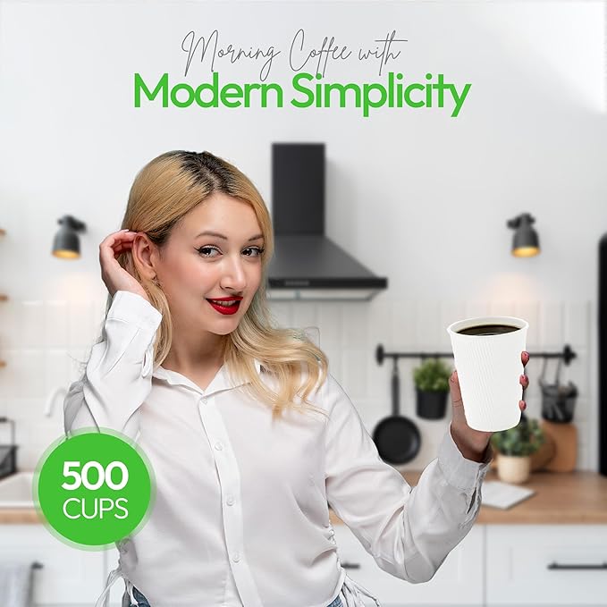 Restaurantware-12 Ounce Disposable Coffee Cups, 500 Double Wall Hot Cups For Coffee - Lids Sold Separately, Rolled Rim, White Paper Insulated Coffee Cups, For Hot Coffee, Tea, And More