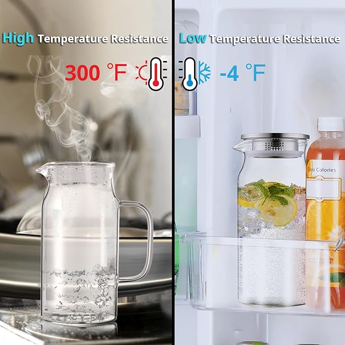 2 Pack 1.2 Liter 40 oz Small Glass Pitcher with Lid and Spout, Glass Carafe Water Pitcher for Hot/Cold Water, Iced Tea, Drinks, Coffee, Juice and Homemade Beverage
