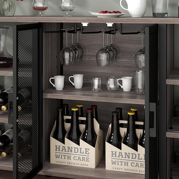 Bar Cabinet, 55 Inches Industry Coffee Bar Cabinet with Wine Rack and Glass Holder, Kitchen Sideboard Buffet Cabinet with Wine Rack Storage for Liquor and Glasses (Rustic Grey)