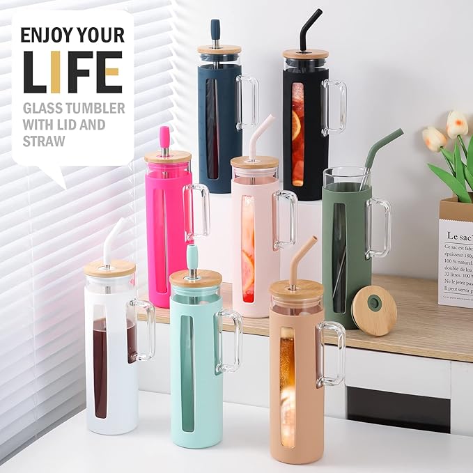Kodrine Tumbler with Lid and Straw, 24 oz Glass Tumbler with Handle, Iced Coffee Cup Boba Smoothie Cup, Coffee Tumbler Water Tumbler Cups with Bamboo Lid Home Office Tumblers, White