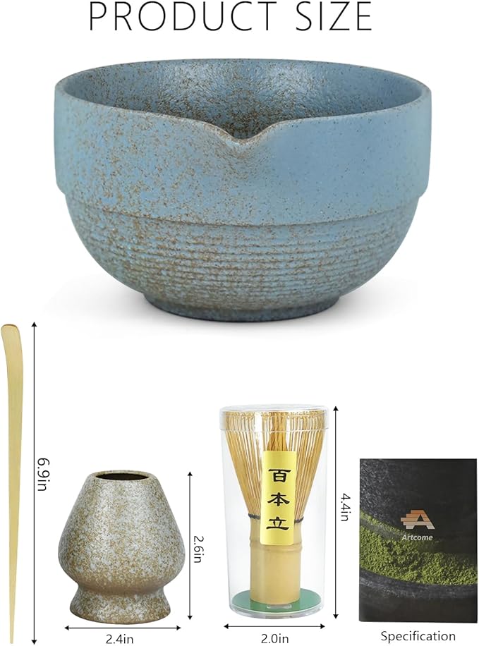 Artcome Premium Matcha Tea Set - 17oz Handcrafted Ceramic Bowl with Blue Reactive Glaze, Bamboo Whisk, Scoop, Whisk Holder & Brewing Guide - Japanese Tea Ceremony Tools for Perfect Matcha Preparation