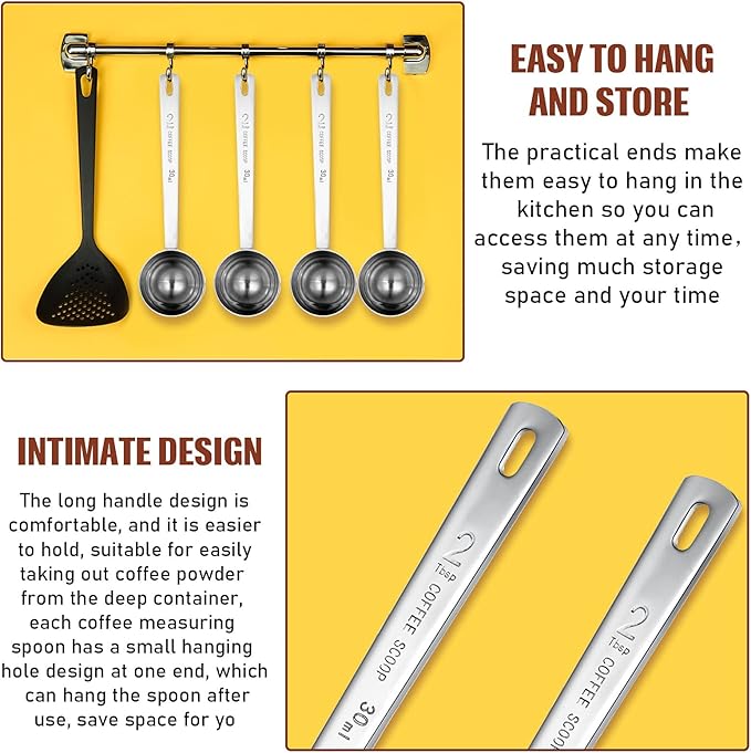 Geiserailie 4 Pieces 2 Tablespoon Scoops with Long Handle, 30 ml Stainless Steel Measuring Spoon for Coffee Milk Fruit Powder, Loose Tea Dry, Spice Jar, Cooking Baking, and Other Dry Goods
