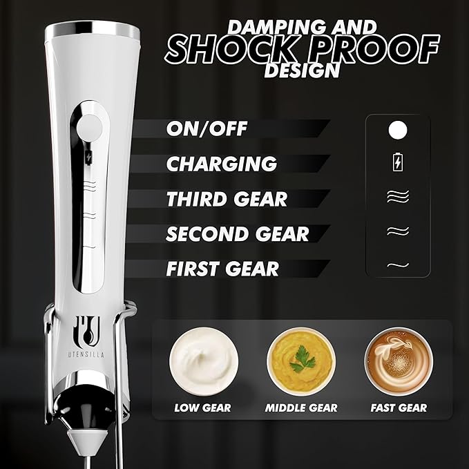 Rechargeable Handheld Milk Frother - Electric Foam Maker - Portable Coffee Frother Wand with 2 Heads - Stainless Steel Electric Whisk for Coffee, Latte, Cappuccino, Macchiato, Hot Chocolate (White)