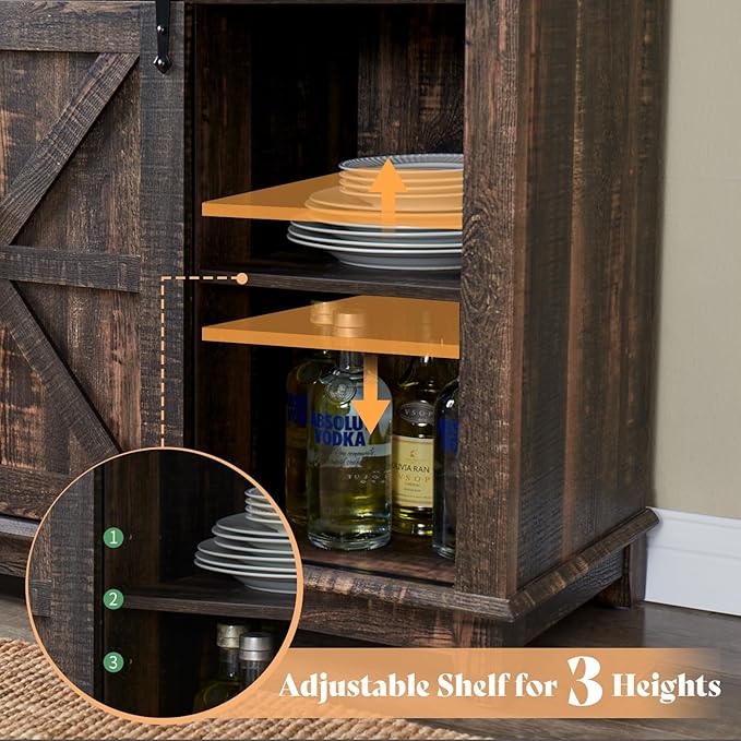 AMERLIFE 72'' Coffee Bar Wine Cabinet with Sliding Barn Door, Farmhouse Kitchen Sideboard, Buffet Storage Table, Wine Glass Racks, 3 Drawers, LED Lights, Tall Hutch Home Bar Dark Rustic Oak