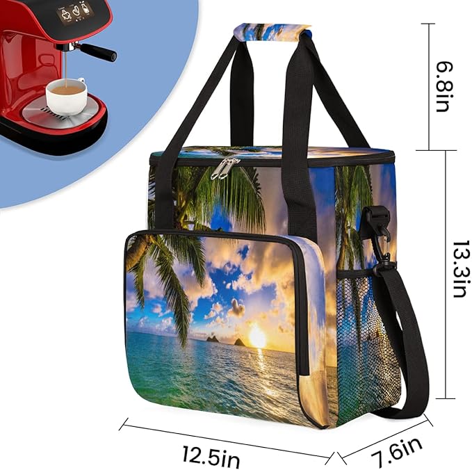 Beach Sunset Coffee Maker Carring Bag Palm Tree Travel Storage Tote Bag Compatible with Keurig K-Mini or K-Mini Plus Portable Single Serve Coffee Brewer Case with Pockets for K-cup Pods