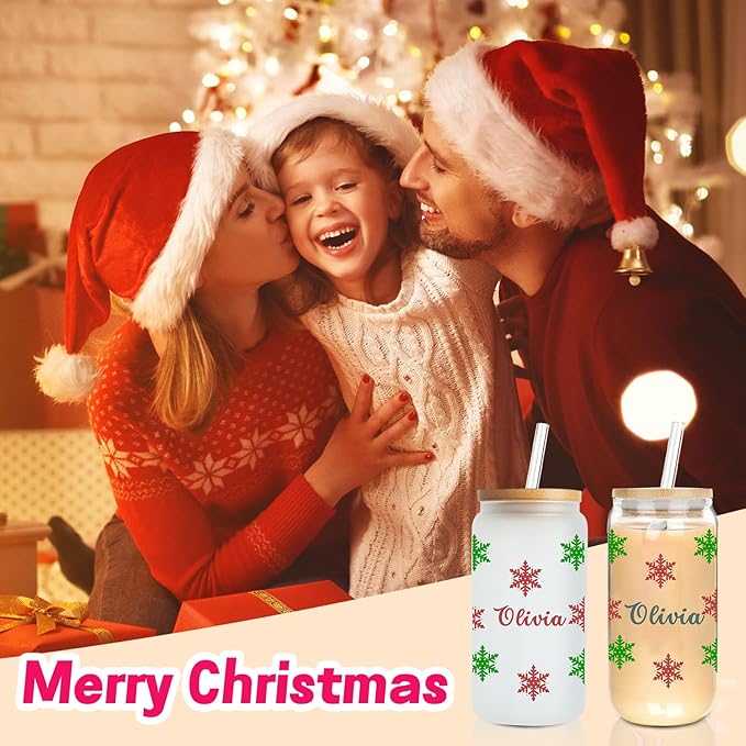 Personalised Christmas Cup, 18oz Clear Glass Cups with Lids and Straws，Cute Cups for Women，Snowflake Design, Reusable Drinking Cup with Bamboo Lids, Christmas Gifts for Men, Women and Friends