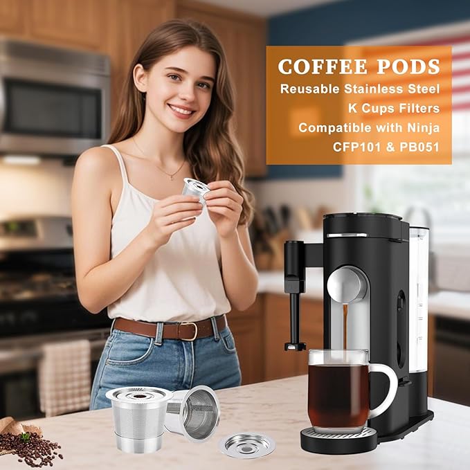 Reusable Stainless Steel K Cups Compatible with Ninja Pods and Grounds Coffee Maker Dual Brew CFP101 & Ninja Single-Serve PB051/PB041, Reusable Coffee Filter Pods Accessories (2 Pack)