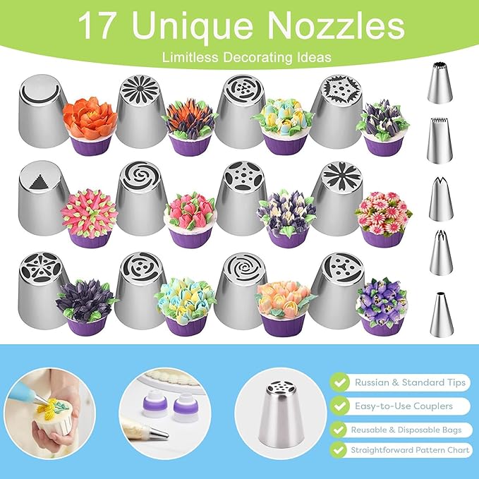 56-Piece Russian Piping Tips Set, Cake Decorating Kit with 17 Frosting Nozzles, Reusable Piping Bags, and Baking Supplies for Cupcakes, Cookies, Cakes - Idael for Bakers & Beginners