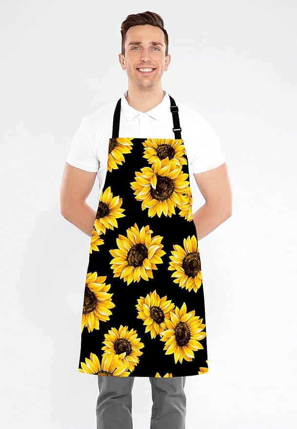Sunflowers Black Tropical Flower Daisy Adjustable Bib Apron, Cute Floral Sunflower Cooking Kitchen Apron for Men Women