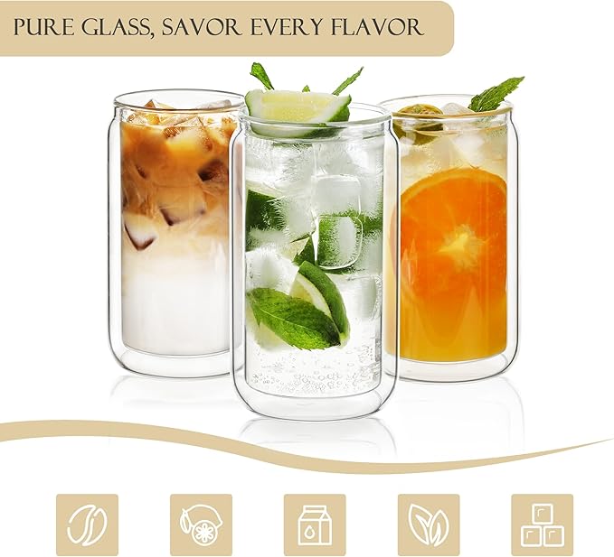 LIBWYS 12oz 4pcs Double Wall Glass Cups with Bamboo Lids and Straws - Condensation Resistant Insulated Drinking Glasses for Cold Beverages, Iced Coffee, Tea, Juice, Clear Borosilicate Glass Tumbler