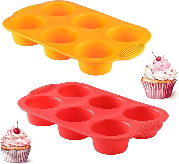 2PCS Silicone Muffin Cupcake Pan Molds, 6-Cavity Non Stick Silicone Muffin Pans for Baking Muffin, Cupcakes, Brownies and More, Food Grade and BPA Free (Orange and Red)
