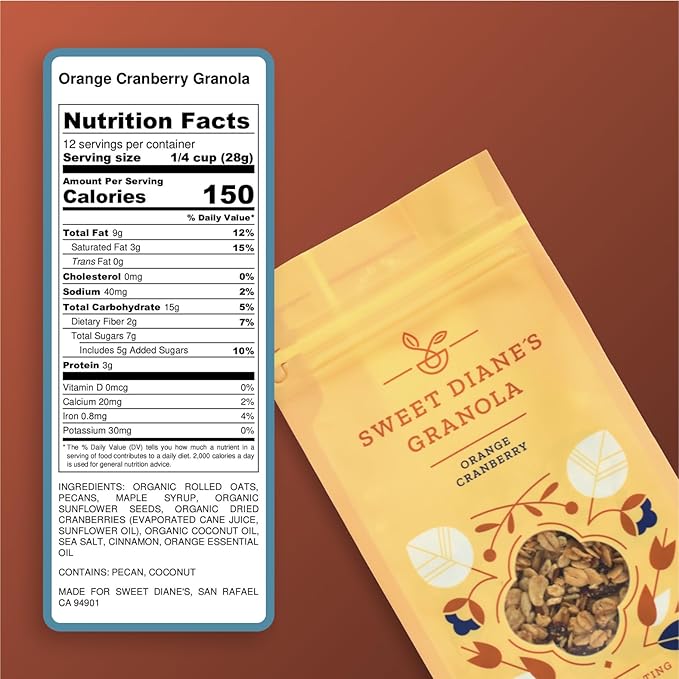 Sweet Diane’s Granola – Standard Size (12 oz): Organic, Low-Sugar, High-Fiber, Gluten-Free, Vegan, Delicious Breakfast and Snack Topper (Classic Size, Orange Cranberry)