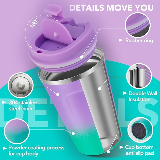 Volhoply 12 oz Double Wall Insulated Vacuum Travel Coffee Mug with Flip Lid Bulk 4 Pack,Reusable Stainless Steel Leak Proof Coffee Cup,Portable Thermal Tumbler for Hot&Cold Drinks(Purple Green,4 Set)