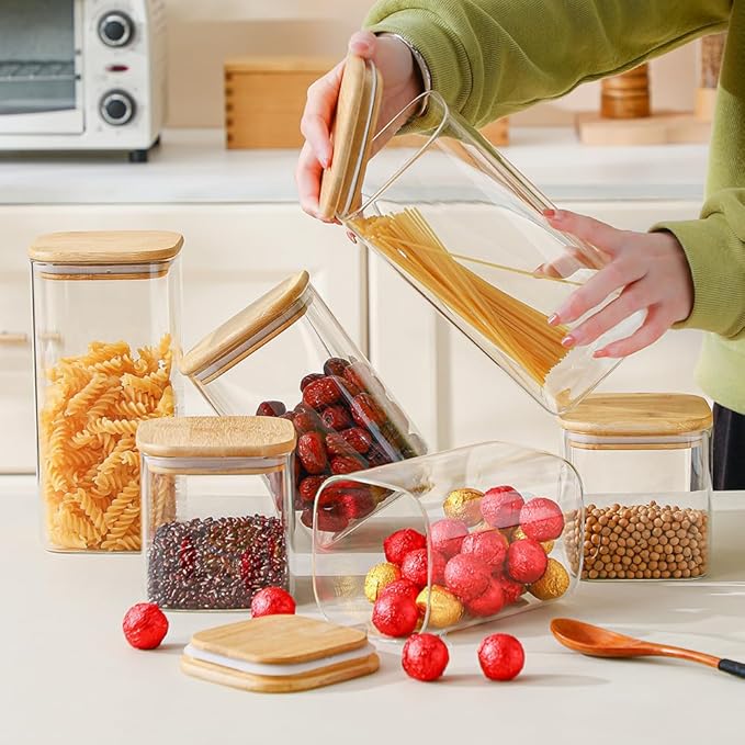 Glass Food Storage Containers with Bamboo Lids, 34 Oz High Borosilicate Glass Jars for Coffee Bean, Candy, Cookie, Flour, Square