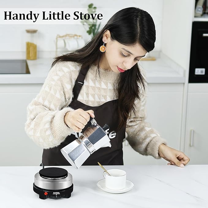 Artilife 500W Small Hot Plate Mini Hot Plate,Artilife 500w Small Electric Hot Plate,Mini Stove Portable Stove Kitchen Cooktop Electric Heater,Perfect Size for Moka Pot 110V